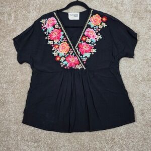 Savanna Jane Top Floral Embroidered V-Neck Empire Waist Boho Black Large
